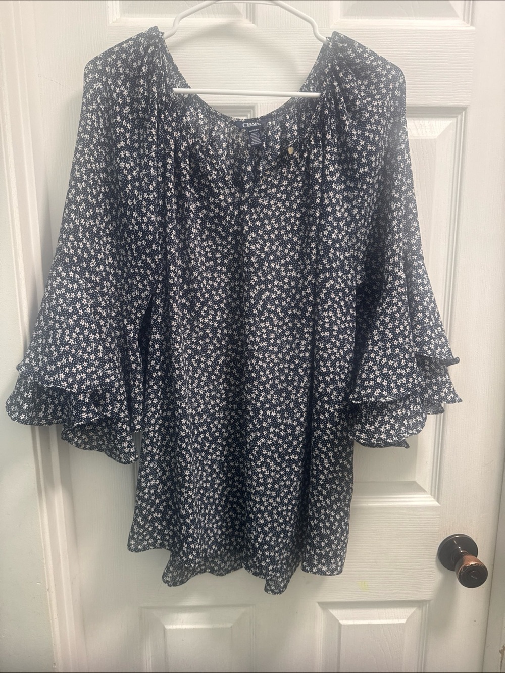 Chaps Navy and White Floral Bell-Sleeve Tunic